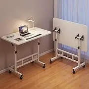 Hbluefat Mobile Small Rolling Computer Desk, 31.5" Folding Adjustable Height Laptop Cart Table with Wheels, Portable Flip Office Work Desk for Home Office, Small Space (White)