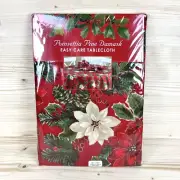 Poinsettia Pine Damask Red Tablecloth 60" x 102" Oblong Table Linen - NEW