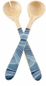 Thirstystone Wood & Enamel Salad Servers Spoon Fork (Medium Blue)