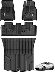 3W Floor Mats & Boot liner Fit for 2021-2024 2025 Tesla Model Y, All Weather Dog Friendly TPE Car Mats Waterproof Anti-Slip Easy Clean Heavy Duty Trunk Mat Tesla Accessories (Not for Model Y Juniper)