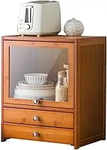 Bamboo Kitchen Countertop Storage Cabinet with Clear Acrylic Flip Up Door and Drawers Freestanding Pantry Organizer for Spice Seasoning Bowl Cup Bottle 42cm