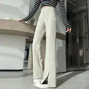 High Waist Plain Slit Flared Dress Pants Almond - S