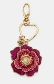 BETSEY JOHNSON Gold Tone Pink Crystal Flower Heart Key Fob Hand Bag Charm NWT