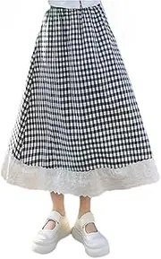 [POMN] Lace Plaid Pleated Long Skirt for Girls - Soft Cotton Blend, Elastic Waist Cute School & Play Outfits A-Line Skirts
