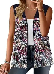 [ZXZY] Womens Sequin Fringe Sleeveless Vest Sparkly Lightweight Fitted Jacket Cardigan