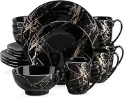 [LOVECASA] Black Plates and Bowls Sets for 4, Porcelain Dinnerware Sets 16 Piece Gold Splash Glaze Ceramic Dish Set, Round Dinner Set with Mugs, Dishwasher Microwave Safe