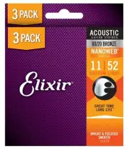 3 Pack Elixir 16538 Nanoweb Acoustic Strings Custom Light 11-52 8020 Bronze