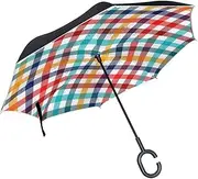 Double Layer Inverted Umbrella Cars Reverse Umbrella Colorful Checkered Gingham Plaid Windproof UV Proof Travel Outdoor Umbrella