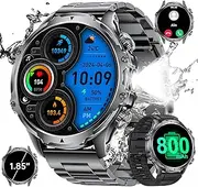 [HIRREO] Smartwatch Men's Military 1.85 Inch HD Large Display/800 mAh Battery, Men's Torch with Phone Function/100+ Sports Modes, 5ATM Waterproof Fitness Watch with 24/7 Heart Rate, Sports Watch for Android
