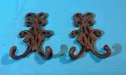 Two (2) Cast Iron Antique Vintage Rustic Black Double Flower Hooks 0170-01556