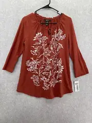 Style & Co boho blouse Tassle Front Long Sleeve Peasant Top Floral Embroidered