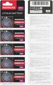 Warriors 2016 CR2016 Coin Button Cell 3V 3 Volt Lithium Batteries 5X Retail Pack Compliant with Coin Battery Safety Standards 2020