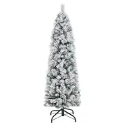 Costway 1.45M PVC Christmas Tree Mixed w/Snow Pine Needle Artificial Slim Xmas Tree 258 Branch Tips/100 LED Lights Flocking Metal Decoration Green