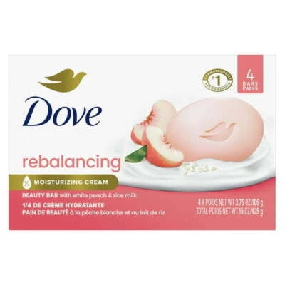 Dove Beauty Bar Soap for Women Rebalancing White Peach & Rice Milk All Skin, 3.7
