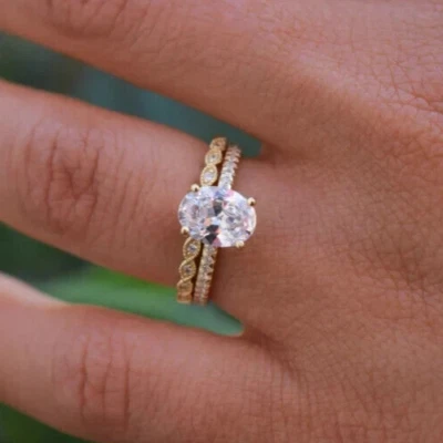 Oval Solitaire Ring Set Gift Engagement Wedding Ring Set 925 Sterling Silver