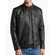 KURMODA Brand Men's Long Sleeve Steve Leather Shirt Jacket Snap Zip Front Black
