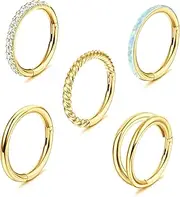 [Kakonia] 5Pcs 18G 16G Surgical Steel Nose Rings Hoop for Women Opal CZ Clicker Hinged Septum Nose Ring Lip Helix Cartilage Hoop Earring Daith Rook Conch Nose Piercing Jewelry for Women 8mm 10mm