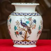 15'' White Marble Flower Vase Pot, Peacock art vase decorative art & collectible