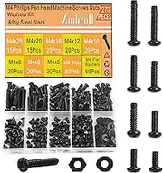 270Pcs M4 Pan Head Screws M4x5/6/8/10/12/16/20/25mm Metric Machine Screws Black Fully Thread Electricians Screw Bolt Nut Washers Hardware Assortment kit with Case
