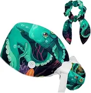 [YTYVAGT] Scrub Caps Women with Buttons,Surgical Caps with Button Adjustable Unisex,Big Devilfish Ocean Octopus