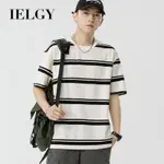 IELGY 短袖T恤男士情侶款日系休閒寬鬆條紋上衣