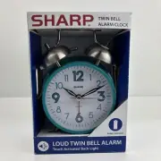 SHARP Twin Bell Alarm Clock TEAL Touch Activated Back Light Battery Operated B3