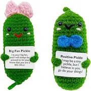 [Shukqueen] Emotional Support Handmade Green Pickle Pink Flower Blue Bow Tie Cucumber, Knitting Positive Cucumber with Motivational Words, Funny Gifts for Women Men, Home Family Room Decor(2pcs)
