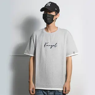 KANGOL 短袖 短T 袋鼠 灰色 刺繡 深藍字 寬版 假兩件 男 6121100812