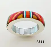 HANDCRAFTED MULTICOLOR SPINY ONYX TURQUOISE INLAY .925 SILVER BAND RING SIZE 10