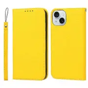 Compatible For iPhone 15 Case Litchi Texture Anti-scratch Genuine Cow Leather Cover Stand Wallet Yellow