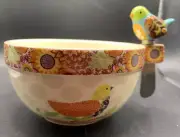 Lori Siebert 2013 Bowl W/Spreader Spring Inspirations Boho Patchwork Birds NEW