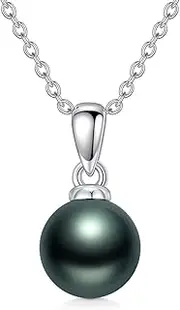[EKJQB] Silver 9-10MM Tahitian Black Pearl Necklace for Her,Sterling Silver Peacock Green Black Tahitian Pearl Pendant Necklace for Women,S925 Silver with 18K White Gold Plated,18+2 inch, 16+2 inch,