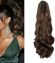 Hair Extensions Braid Hairpiece Clip-in Ponytail Extensions Claw Ponytail Hair Extensions Like Real Hair Wavy Curly Synthetic Hair Long Voluminous Ombre (Chestnut Brown)