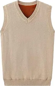 [SWJGLITTR] Men's V Neck Thick Sweater Vest Knitted Solid Sleeveless Pullover Vests Wool Blended Knit Vest Sweater, Khaki, Small