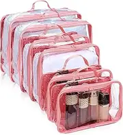 Hillban 6 Pcs Large Clear Travel Packing Cube 3 Sizes See Through PVC Organizer for Suitcase Multipurpose Pouch with Handle Vinyl Zippered Storage Bags Luggage Cube Organizer, Pink, Variety Pack