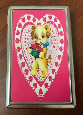 Vintage Heart Puppy Silver Metal Cigarette Case RFID Protection Wallet Pink
