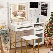 Giantex Makeup Vanity Table with Mirror and Lights, Modern Dressing Table and Stool Set with Charging Station, 3-Color LED Lights, Jewelry Armoire, Storage Cabinet, Drawers and Open Shelf, White