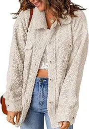 [CURBODO] Women's Sherpa Fleece Jacket Coat Casual Fuzzy Teddy Shacket Warm Button Down Outwear with Pocket