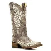 LADIES CORRAL SQUARE TOE BROWN CRATER BONE EMBROIDERY WEDDING BOOT A2663