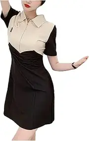 [BAMFY] Golf Polo Sport Dresses, Women's Summer Waist-Skimming Zipper Patchwork Club Mini Dress