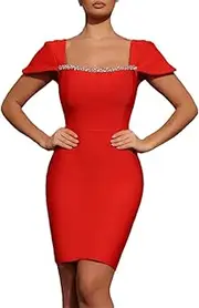 [Generic] Women's Temperament Square Collar Diamond Splicing Mini Tight Dress Christmas Dinner Party Dress