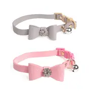 Catzon 2 Pack Adjustable Cat Collar Set Breakaway with Diamonds Bowtie Bell for Puppy Kitten-C