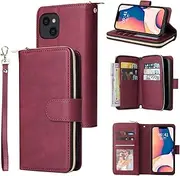 YocoverTech for iPhone 13 Case, for iPhone 14 Wallet Case[9 Card Slots+1 Cash Slot] PU Leather Stand Flip Zipper Wallet Cover[6.1 inch]-Wine Red
