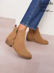 Friends Like These Brown Standard fit Mid Block Heel Side Zip Faux Suede Cuban Boots (AW2695) | $78