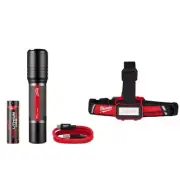 Milwaukee Focus Flashlight 2000 Lumen+Low-Profile Headlamp w/ USB Device Charger