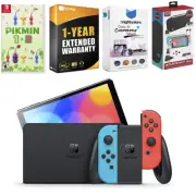 Nintendo Switch Neon Red Blue OLED Console w/ Pikmin 1+2 and Gaming Starter Kit