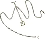 [ManChDa] Double Albert Chain Pocket Watch, Curb Link Chain 3 Hook Antique Plating Shield Design Fob T Bar for Men with Rudder