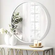 JJUUYOU Round Mirror White Circle Mirror 50CM Bathroom Mirrors with Metal Frame Mirrors for Bedroom Wall Living Room Vanity for Modern Minimalist Home Decor