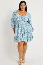 Blue Ditsy Long Sleeve Tie Front Ditsy Dress