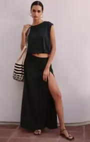 NWT Anthropologie Satin Maxi Skirt Side Slit Size Small Black